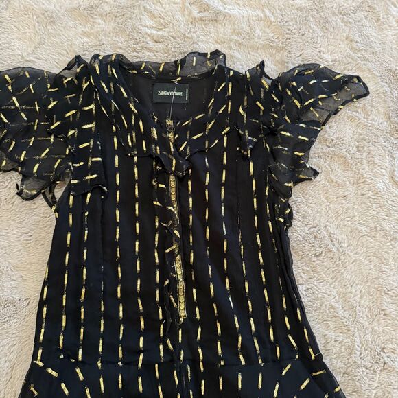 Zadig & Voltaire Black/Gold Crepe Rool Shiny Ruffled Dress Sz S Designer Luxury - Picture 5 of 13